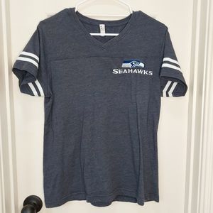 NFL Seattle Seahawks Embroidered Sleeve Stripe Jersey Tee V-Neck T-Shirt Large